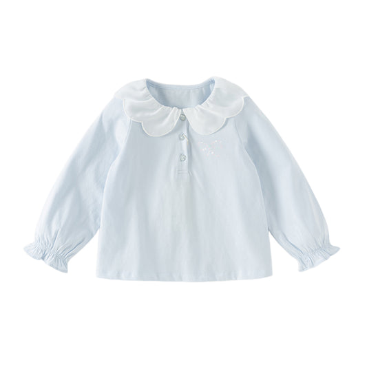 Dave&Bella Toddler Girls Sky Blue Long Sleeve Soft Cotton T-shirt Tops