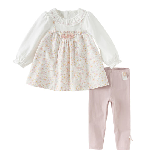 Dave&Bella Toddler Girls Pink Flower Print Long Sleeve Sweet Casual Top Pant Suits