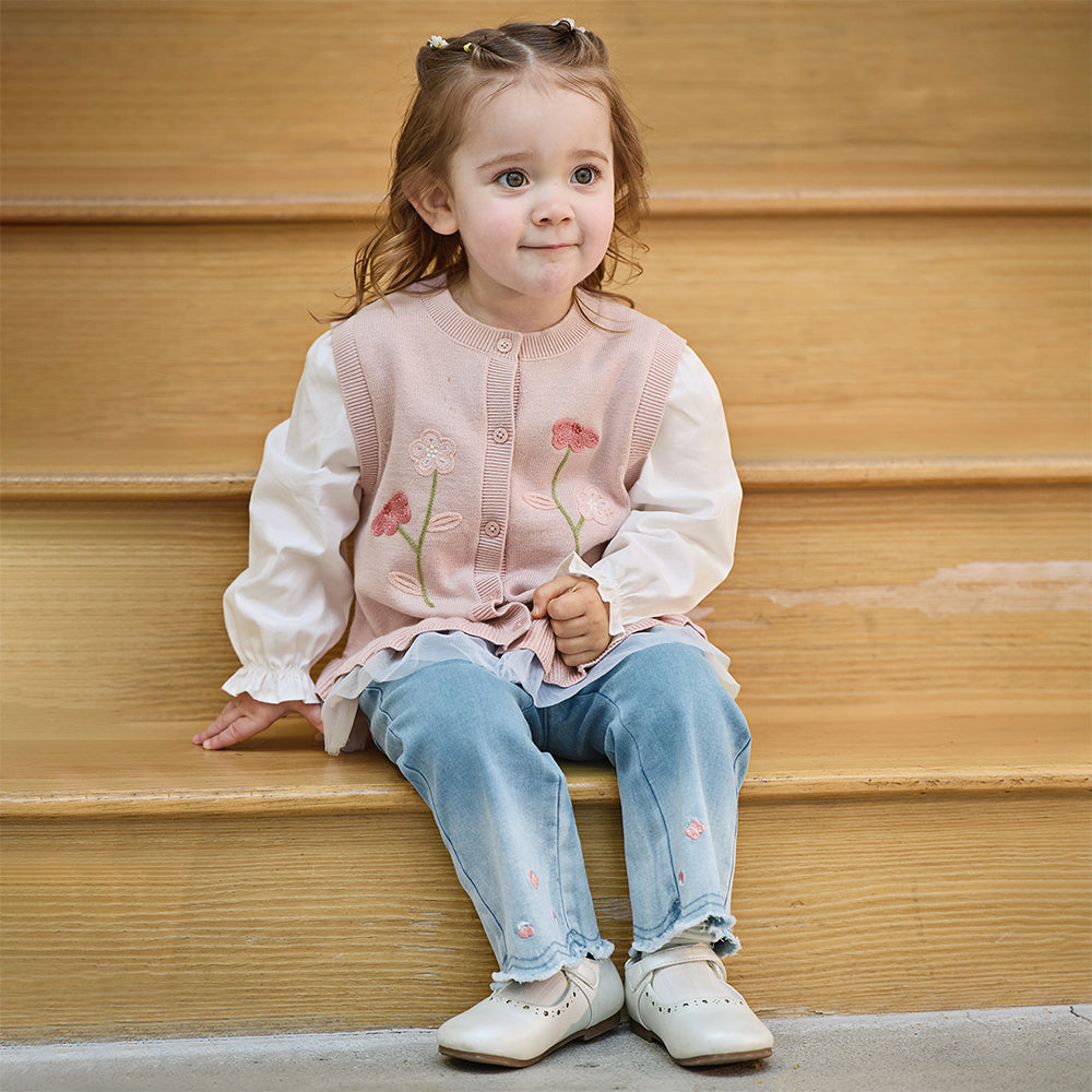 Dave&Bella Toddler Girls Denim Blue Flower Embroidery Straight-leg Comfortable Jeans