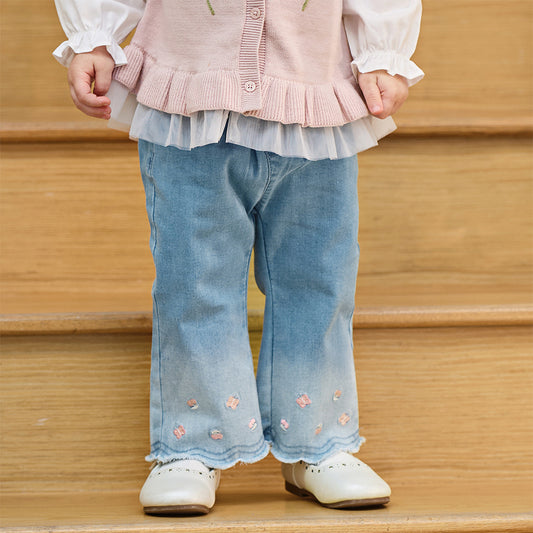 Dave&Bella Toddler Girls Denim Blue Flower Embroidery Straight-leg Comfortable Jeans
