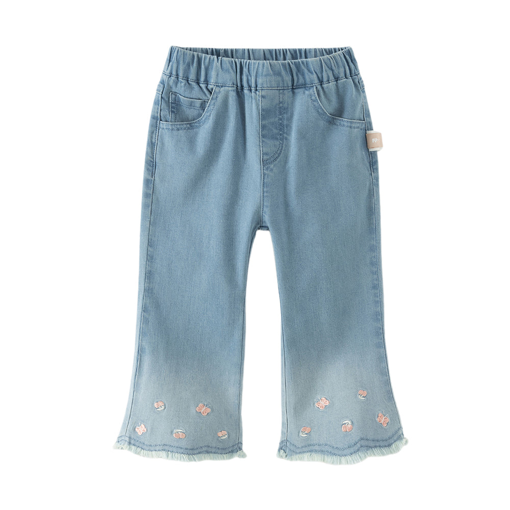 Dave&Bella Toddler Girls Denim Blue Flower Embroidery Straight-leg Comfortable Jeans