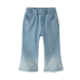 Dave&Bella Toddler Girls Denim Blue Flower Embroidery Straight-leg Comfortable Jeans