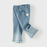 Dave&Bella Toddler Girls Denim Blue Flower Embroidery Straight-leg Comfortable Jeans