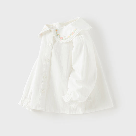 Dave&Bella Toddler Girls Grey Green/White Flower Embroidery Soft Cotton Shirt Tops