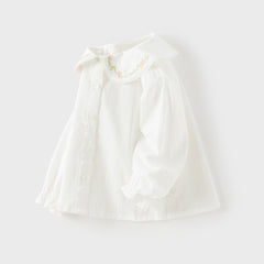 Dave&Bella Toddler Girls Grey Green/White Flower Embroidery Soft Cotton Shirt Tops