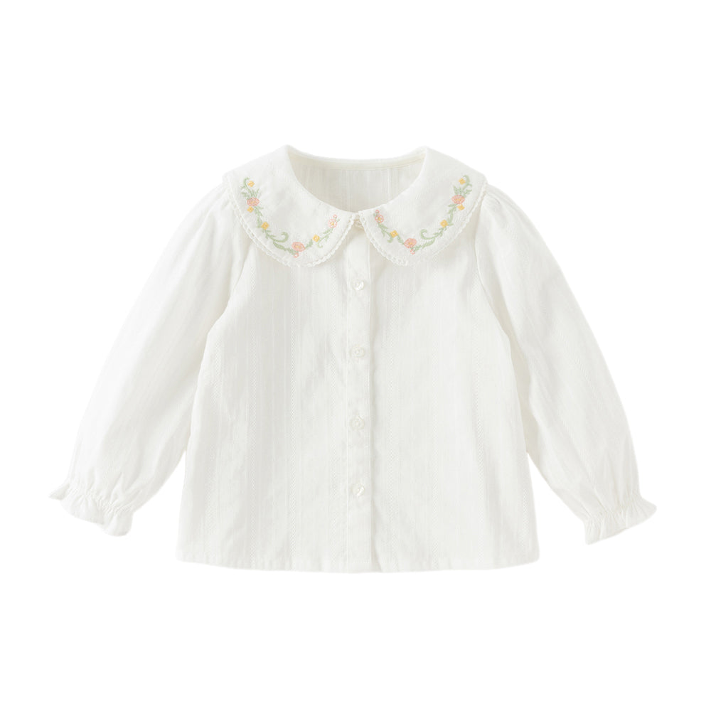 Dave&Bella Toddler Girls Grey Green/White Flower Embroidery Soft Cotton Shirt Tops