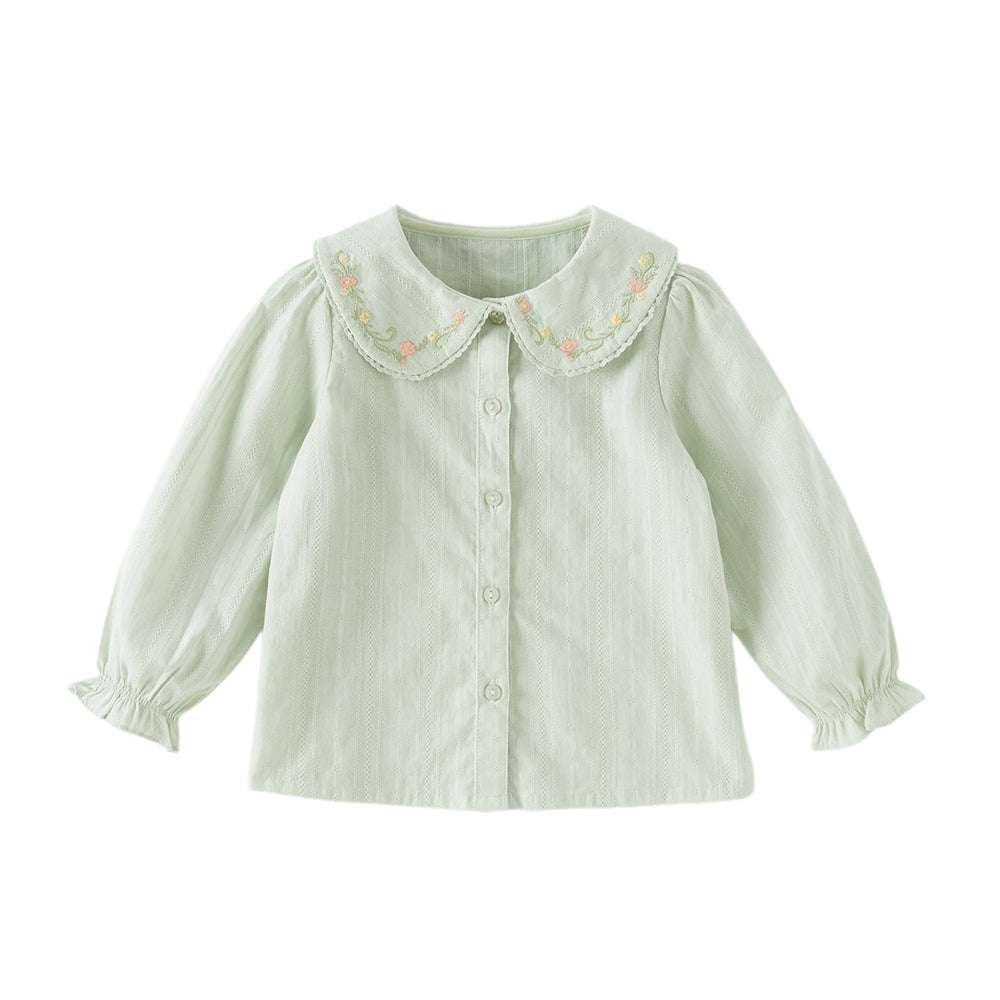 Dave&Bella Toddler Girls White/Green Flower Embroidery Soft Cotton Shirts