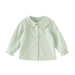 Dave&Bella Toddler Girls Grey Green/White Flower Embroidery Soft Cotton Shirt Tops