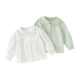 Dave&Bella Toddler Girls White/Green Flower Embroidery Soft Cotton Shirts