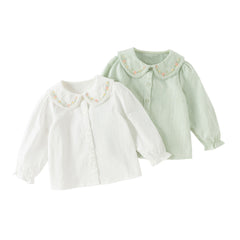 Dave&Bella Toddler Girls Grey Green/White Flower Embroidery Soft Cotton Shirt Tops
