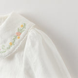 Dave&Bella Toddler Girls White/Green Flower Embroidery Soft Cotton Shirts