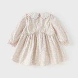 Dave&Bella Toddler Girls Cute Floral Print Beige Breathable Cotton Long Sleeve A-line Dress