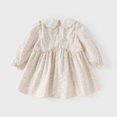 Dave&Bella Toddler Girls Cute Floral Print Beige Breathable Cotton Long Sleeve A-line Dress