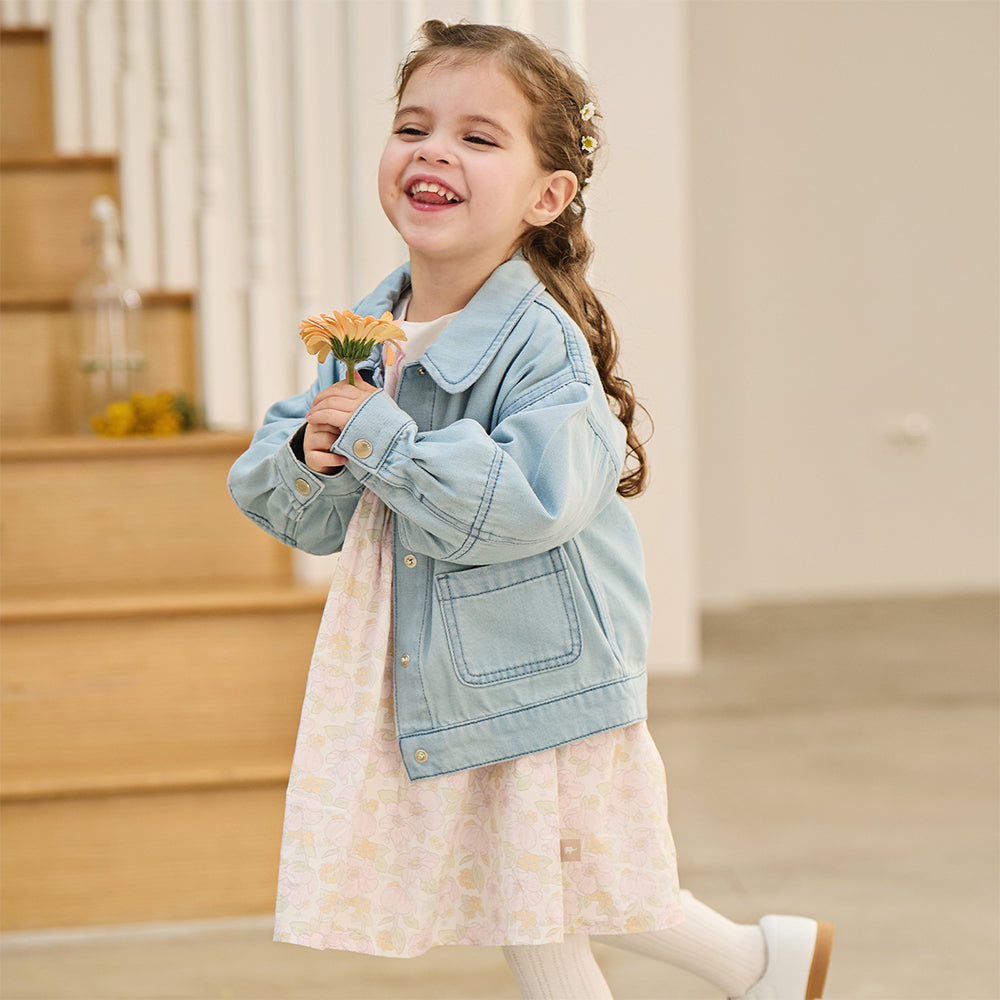 Dave&Bella Toddler Girls Cute Floral Print Beige Breathable Cotton Long Sleeve A-line Dress