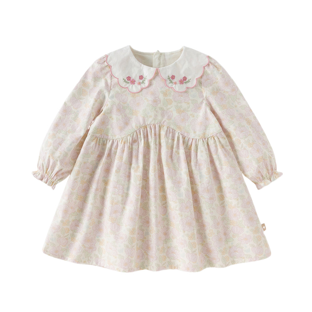 Dave&Bella Toddler Girls Cute Floral Print Beige Breathable Cotton Long Sleeve A-line Dress