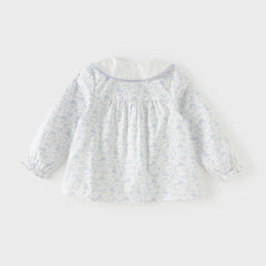 Dave&Bella Toddler Girls Blue Floral Print Doll Collar Soft Cotton Shirts Tops