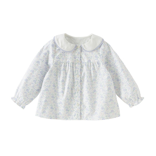 Dave&Bella Toddler Girls Blue Floral Print Doll Collar Soft Cotton Shirts Tops