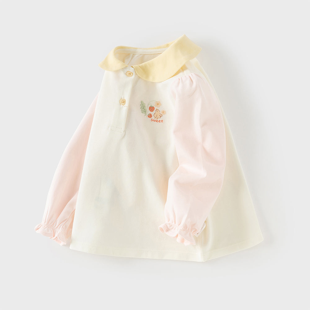 Dave&Bella Toddler Girls Cute Pink Flower Embroidery Long Sleeve Soft College-style Polos