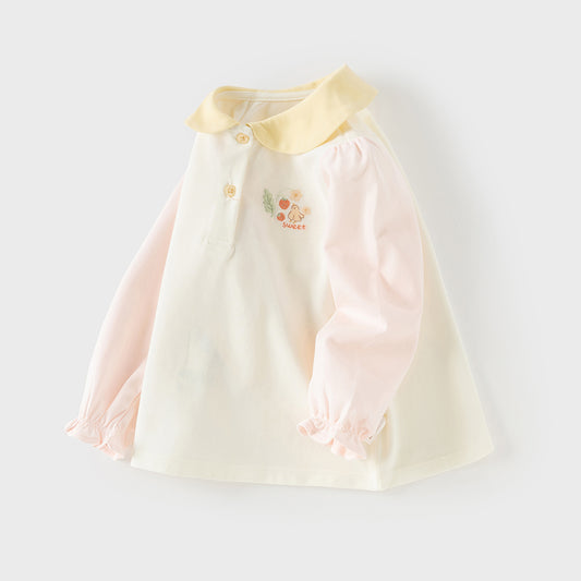 Dave&Bella Toddler Girls Cute Pink Flower Embroidery Long Sleeve Soft College-style Polos