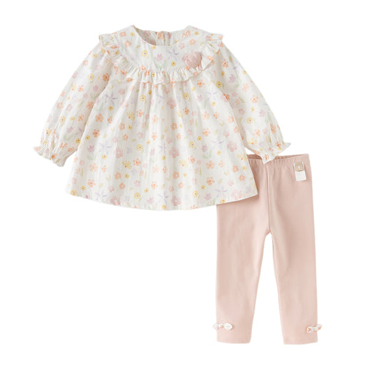 Dave&Bella Toddler Girls Light Pink Cute Print Long Sleeve Soft Top Pant Suits