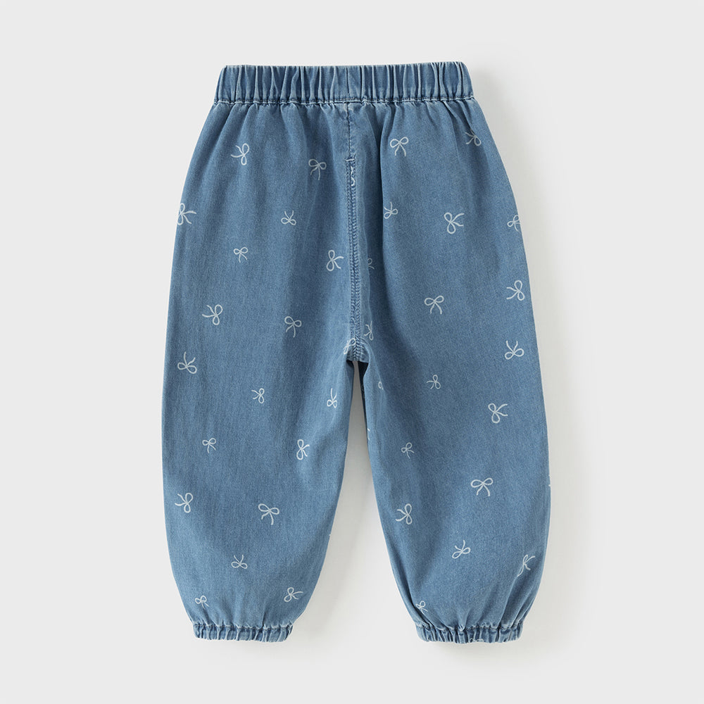 Dave&Bella Toddler Girls Sweet Denim Blue Bow print Breathable Cotton Drawstring Jeans