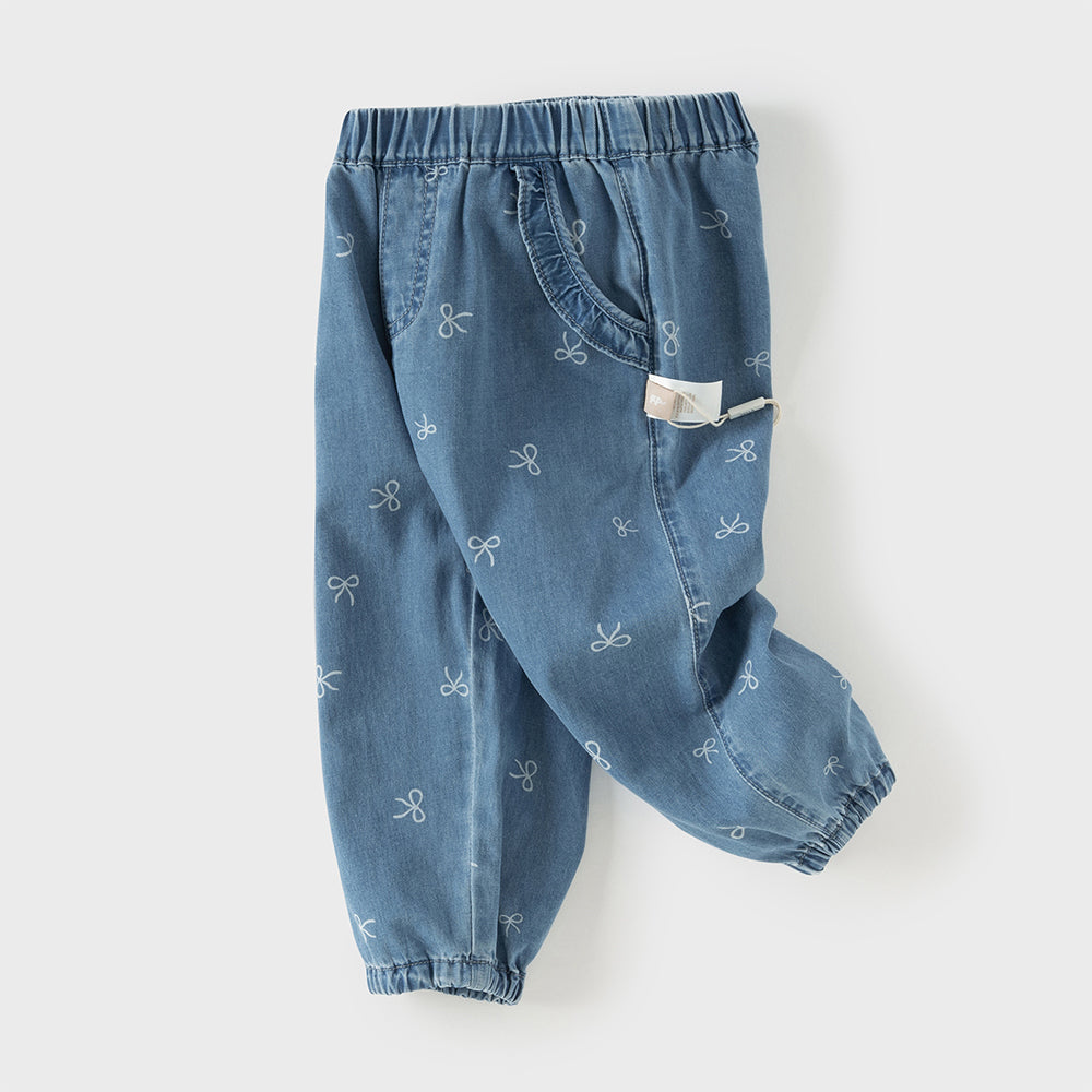 Dave&Bella Toddler Girls Sweet Denim Blue Bow print Breathable Cotton Drawstring Jeans