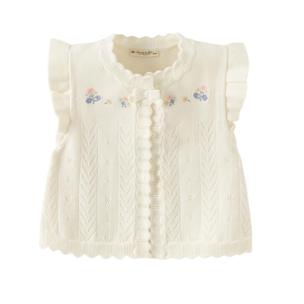 Dave&Bella Toddler Girls White Sweet Floral Jacquard Ruffle Sleeveless Knit Vests