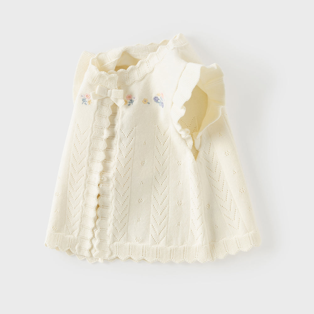 Dave&Bella Toddler Girls White Sweet Floral Jacquard Ruffle Sleeveless Knit Vests