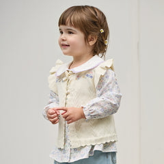Dave&Bella Toddler Girls White Sweet Floral Jacquard Ruffle Sleeveless Knit Vests