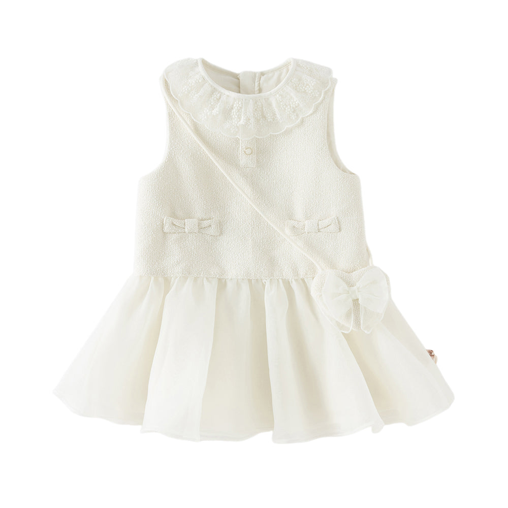 Dave&Bella Toddler Girls Elegant Milk White Sleeveless A-line Mesh Dress(wallet bag)