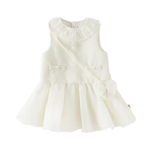 Dave&Bella Toddler Girls Elegant Milk White Sleeveless A-line Mesh Dress(wallet bag)