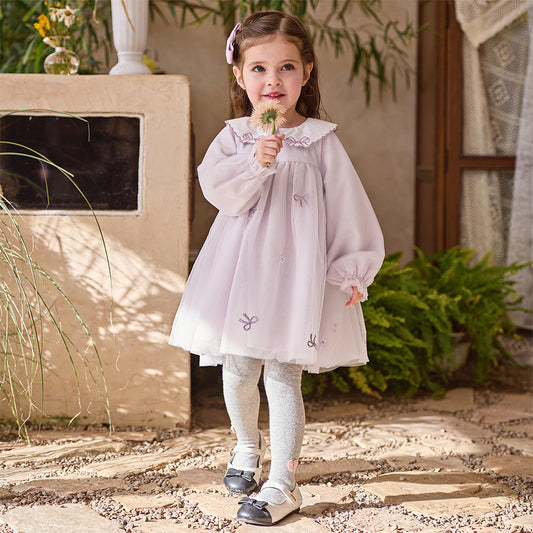 Dave&Bella Toddler Girls Noble Light Purple Doll Collar Long-sleeved Soft Mesh Dress
