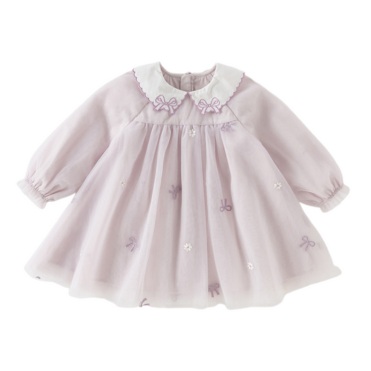 Dave&Bella Toddler Girls Noble Light Purple Doll Collar Long-sleeved Soft Mesh Dress