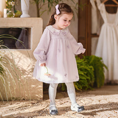 Dave&Bella Toddler Girls Noble Light Purple Doll Collar Long-sleeved Soft Mesh Dress
