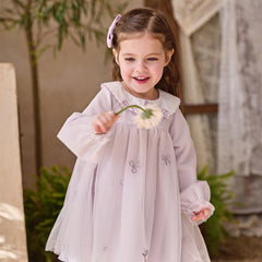 Dave&Bella Toddler Girls Noble Light Purple Doll Collar Long-sleeved Soft Mesh Dress