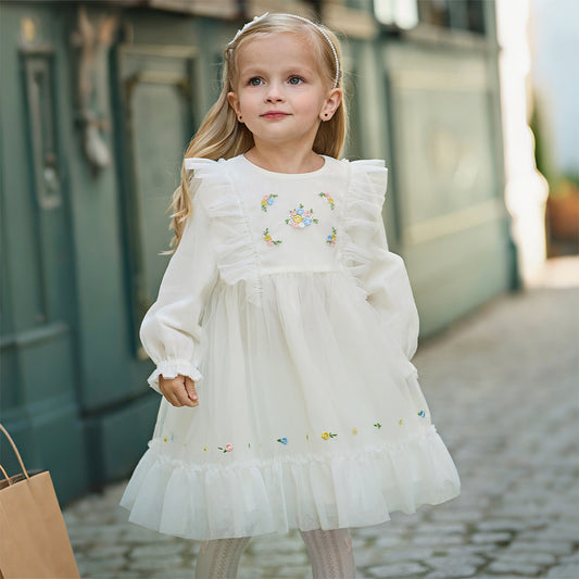 Dave&Bella Toddler Girls Gorgeous Beige Flower Embroidery A-line Mesh Princess Dress