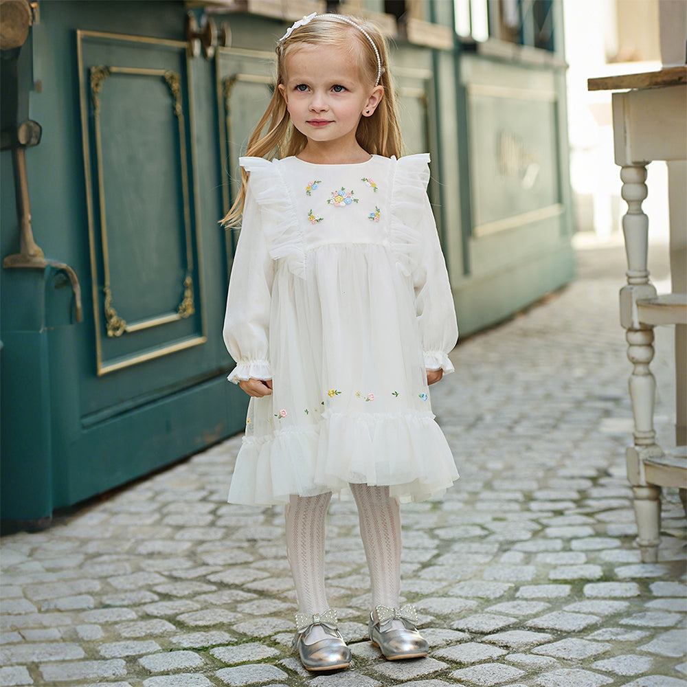 Dave&Bella Toddler Girls Gorgeous Beige Flower Embroidery A-line Mesh Princess Dress