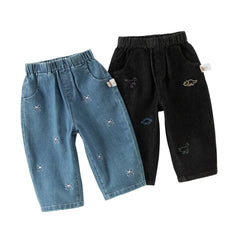 Dave&Bella Toddler Girls/Boys Denim Blue/Black Loose Adjustable-waistband Jeans