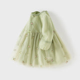 Dave&Bella Toddler Girls Apple Green Flower Embroidery Long Sleeve Princess Mesh Dress