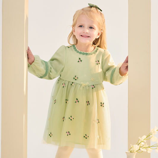 Dave&Bella Toddler Girls Apple Green Flower Embroidery Long Sleeve Princess Mesh Dress