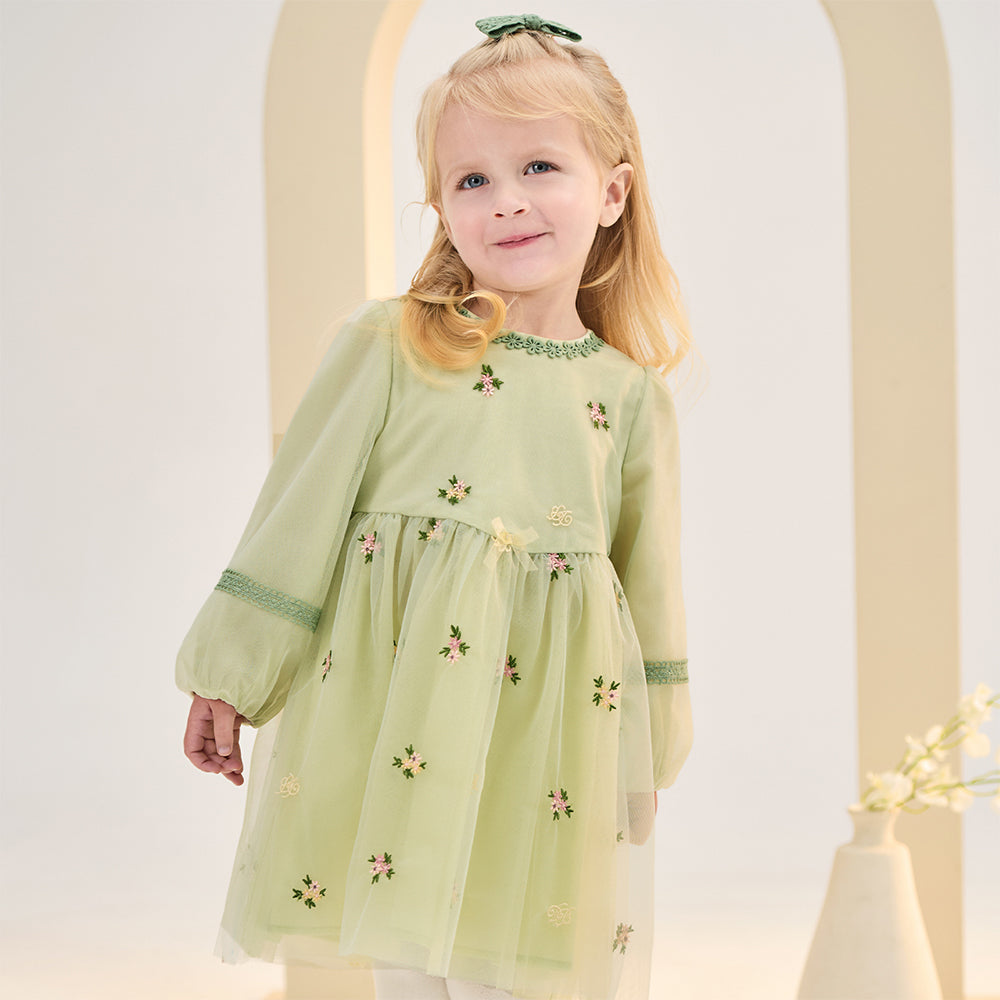 Dave&Bella Toddler Girls Apple Green Flower Embroidery Long Sleeve Princess Mesh Dress