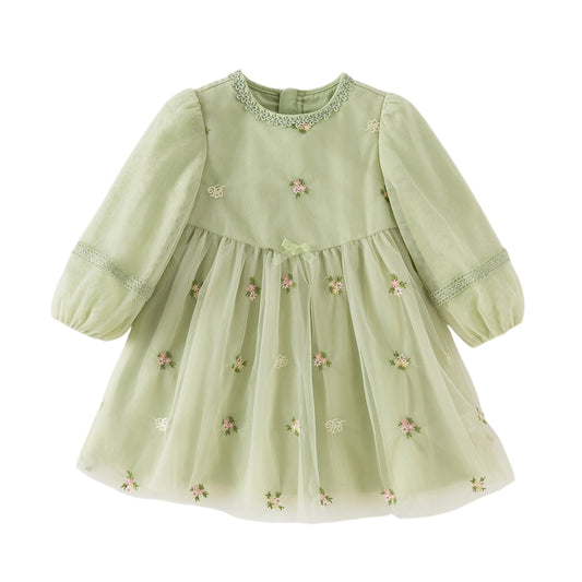 Dave&Bella Toddler Girls Apple Green Flower Embroidery Long Sleeve Princess Mesh Dress