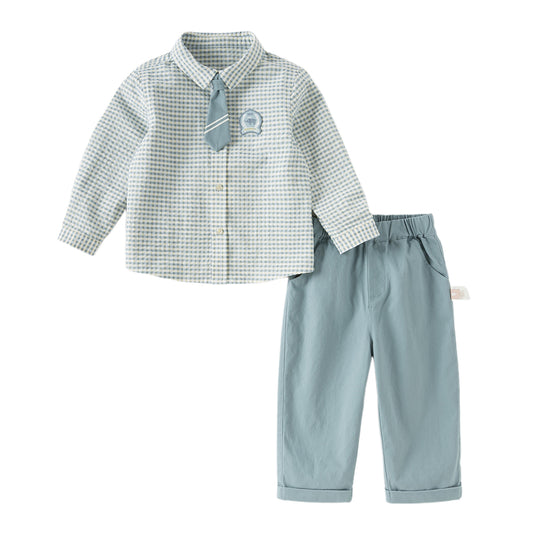 Dave&Bella Toddler Boys Yellow Green Plaid Long Sleeve Comfortable Shirt Pant Suits