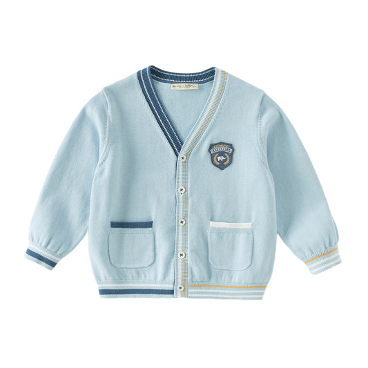 Dave&Belle Toddler Boys Gentle Blue V-neck Cotton Soft Sweater Cardigans Tops