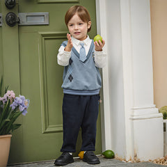 Dave&Bella Toddler Boys Blue Long Sleeve Gentlemen Fake-two-piece Top Pant Suits