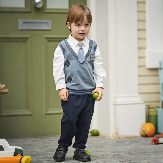 Dave&Bella Toddler Boys Blue Long Sleeve Gentlemen Fake-two-piece Top Pant Suits
