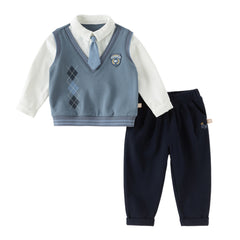 Dave&Bella Toddler Boys Blue Long Sleeve Gentlemen Fake-two-piece Top Pant Suits