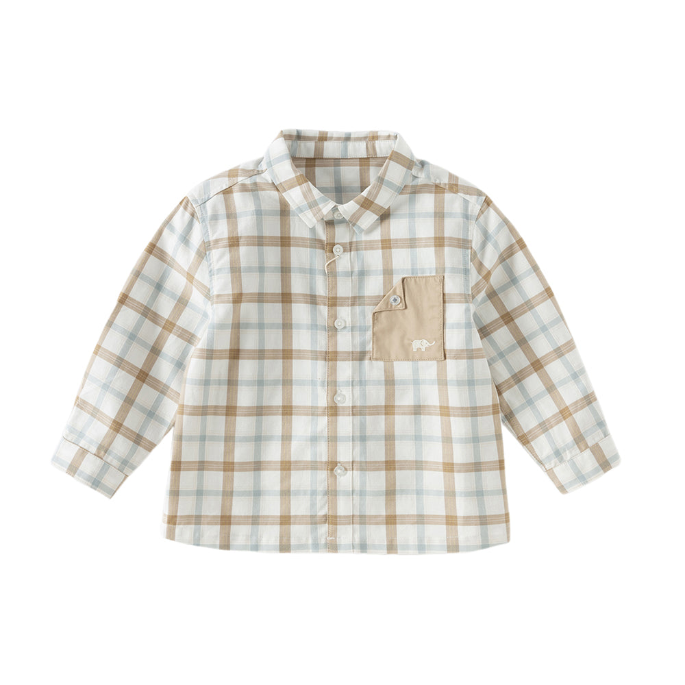 Dave&Bella Toddler Boys Casual Khaki Plaid Long Sleeve Soft Cotton Shirt Tops