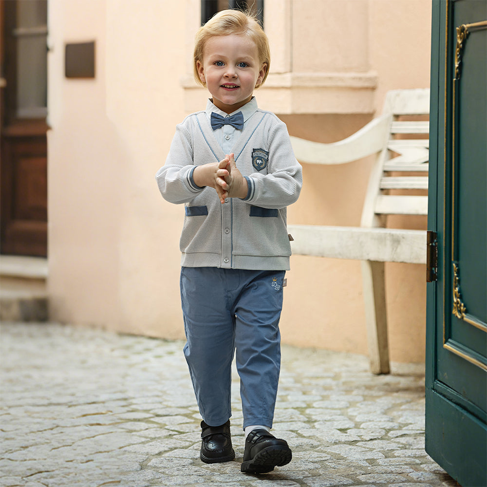 Dave&Bella Toddler Boys Blue Long Sleeve Soft Fake-two-piece Top Pant Suits