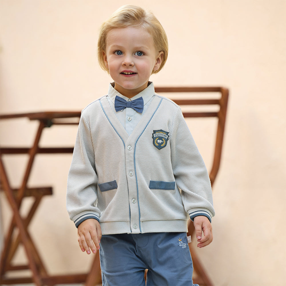 Dave&Bella Toddler Boys Blue Long Sleeve Soft Fake-two-piece Top Pant Suits